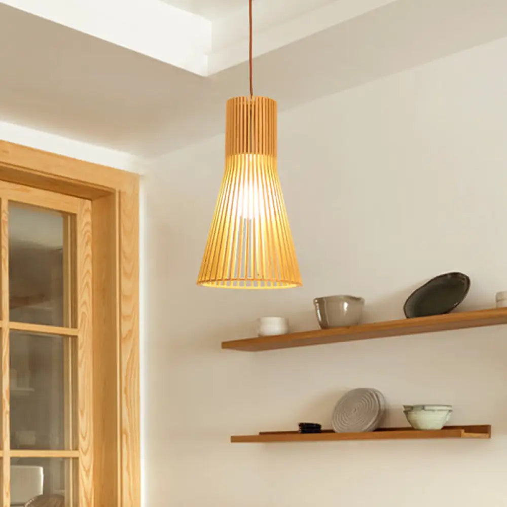 Yvette - Asian Bamboo Flared Pendant Lamp: Beige Hanging Light Fixture / Small E