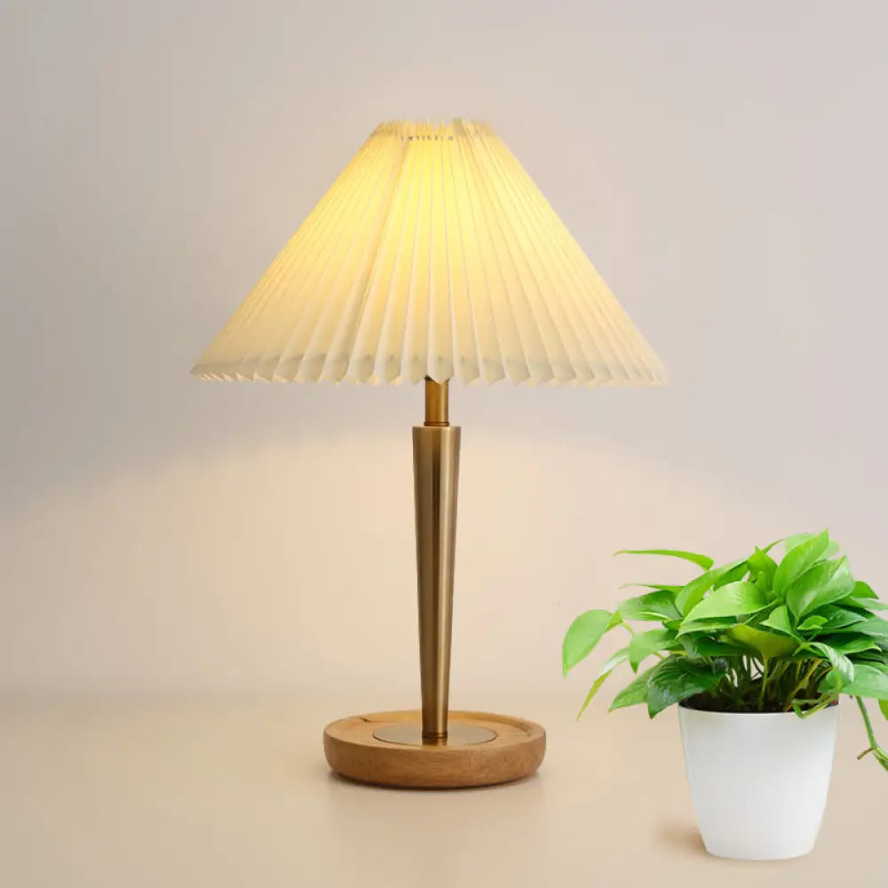 Zoé - Gold 1 - Head Night Table Lamp Countryside Conic Pleated Fabric Task Lighting With Wood