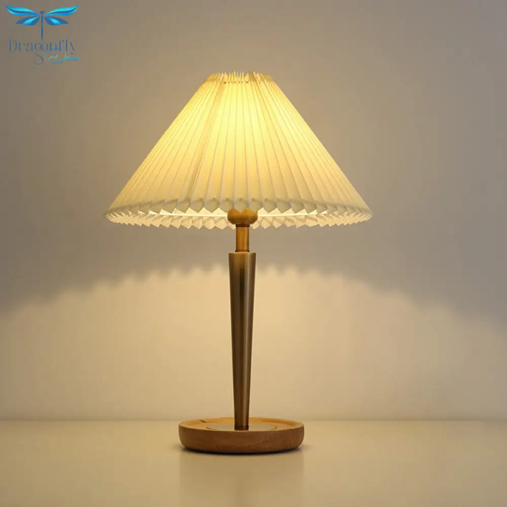 Zoé - Gold 1 - Head Night Table Lamp Countryside Conic Pleated Fabric Task Lighting With Wood