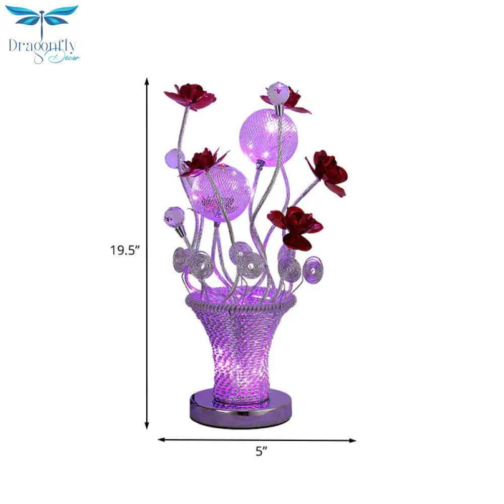 Zoé - Led Potted - Flower Nightstand Light Country Red And Chrome Finish Aluminum Wire Table Lamp
