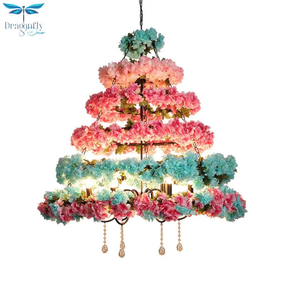 Zoe - Pink And Blue 6 Bulbs Chandelier Loft Iron Multi Circle Cage Flower Suspension Lighting With