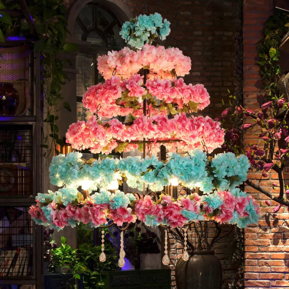 Zoe - Pink And Blue 6 Bulbs Chandelier Loft Iron Multi Circle Cage Flower Suspension Lighting With