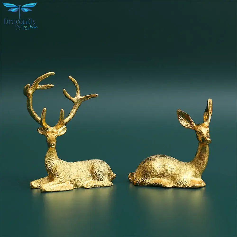 1 Pair Elk Deer Statue Nordic Ornament Art Figurine Vintage Golden Handicraft Table Decoration