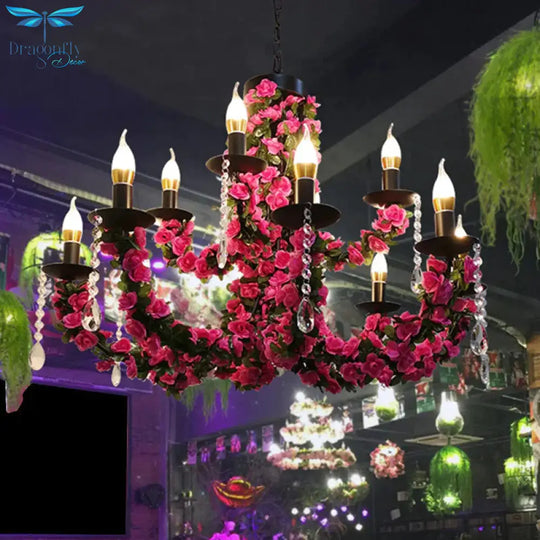10 - Bulb Ceiling Chandelier Antiqued Candelabra Metal Drop Pendant With Pink/Purple And Red Fake