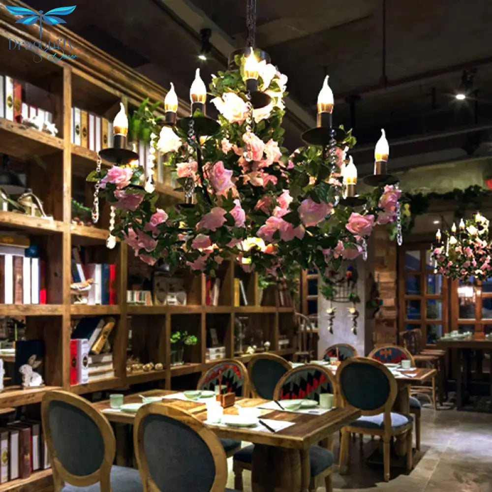 10 - Bulb Ceiling Chandelier Antiqued Candelabra Metal Drop Pendant With Pink/Purple And Red Fake