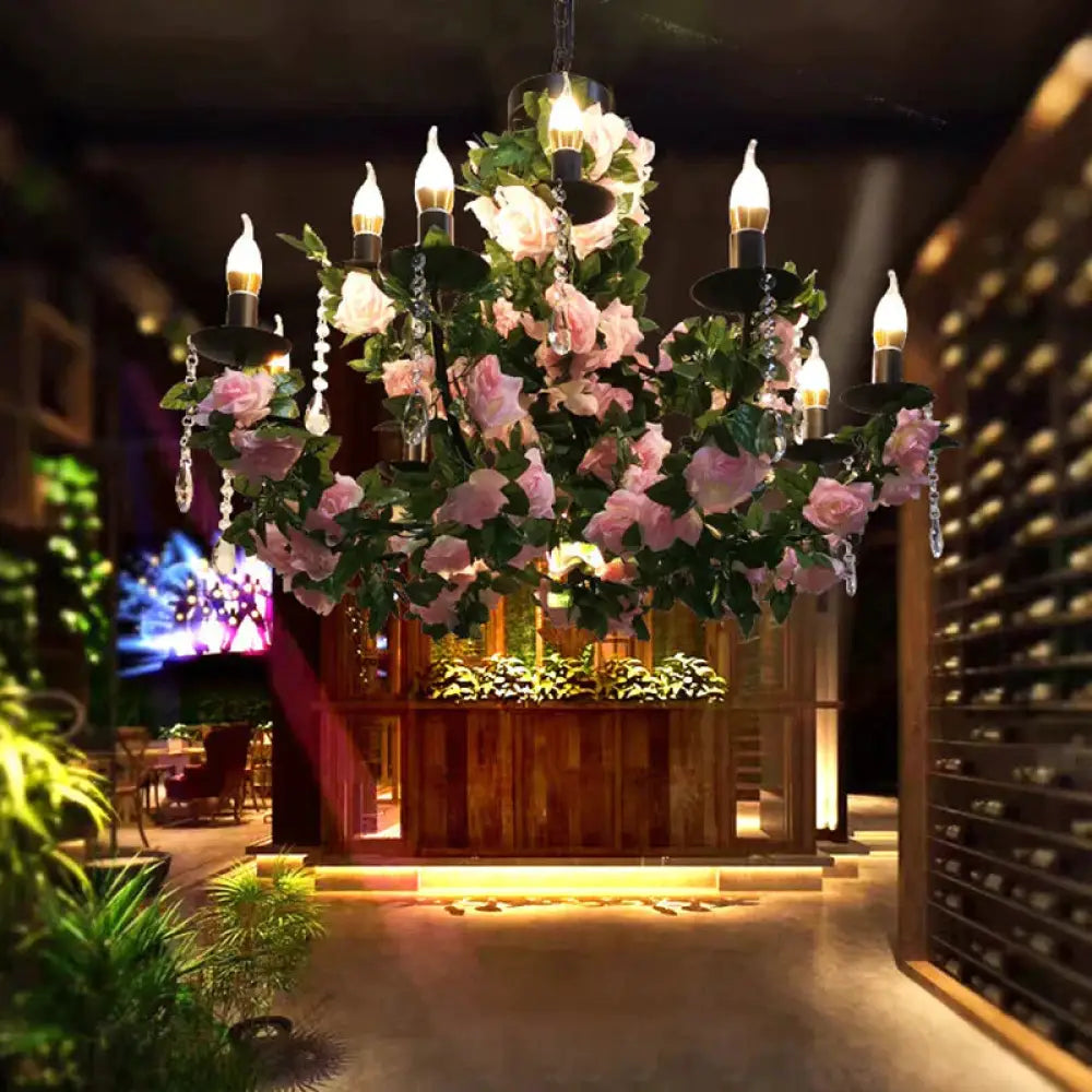 10 - Bulb Ceiling Chandelier Antiqued Candelabra Metal Drop Pendant With Pink/Purple And Red Fake