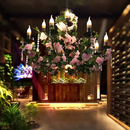 10 - Bulb Ceiling Chandelier Antiqued Candelabra Metal Drop Pendant With Pink/Purple And Red Fake