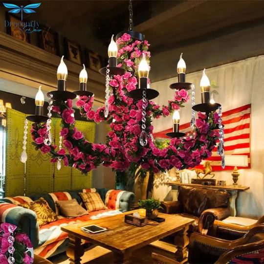 10 - Bulb Ceiling Chandelier Antiqued Candelabra Metal Drop Pendant With Pink/Purple And Red Fake