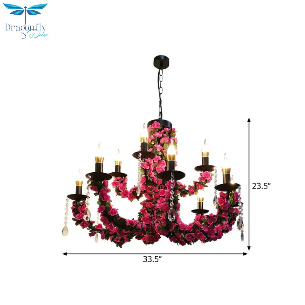 10 - Bulb Ceiling Chandelier Antiqued Candelabra Metal Drop Pendant With Pink/Purple And Red Fake