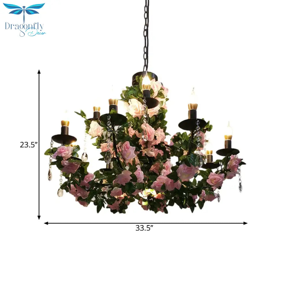 10 - Bulb Ceiling Chandelier Antiqued Candelabra Metal Drop Pendant With Pink/Purple And Red Fake
