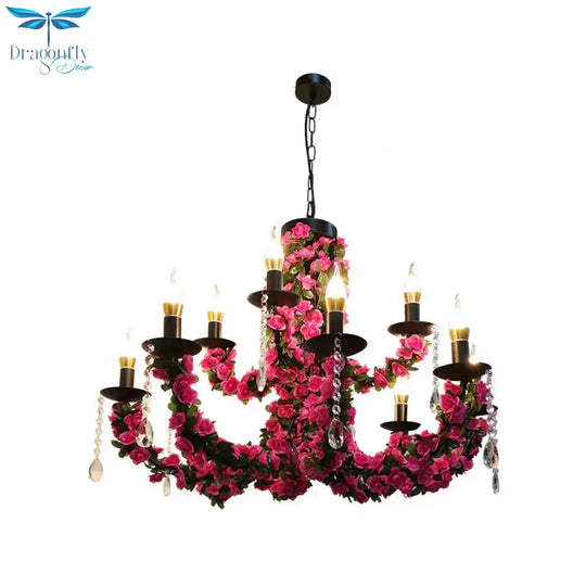 10 - Bulb Ceiling Chandelier Antiqued Candelabra Metal Drop Pendant With Pink/Purple And Red Fake