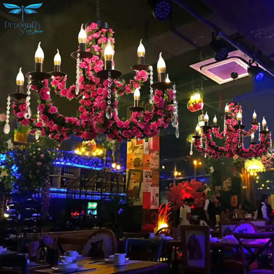 10 - Bulb Ceiling Chandelier Antiqued Candelabra Metal Drop Pendant With Pink/Purple And Red Fake