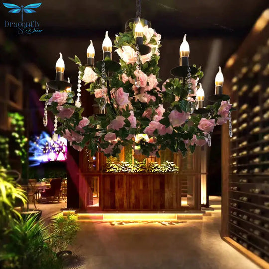 10 - Bulb Ceiling Chandelier Antiqued Candelabra Metal Drop Pendant With Pink/Purple And Red Fake