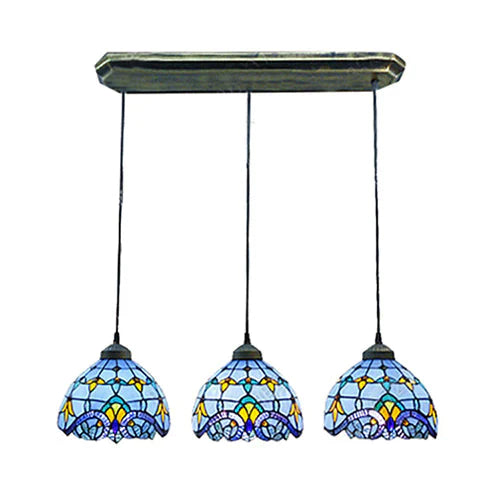 Victorian Dome Pendant Light Stained Glass 3 Heads Linear/Round Hanging In White/Blue For Dining