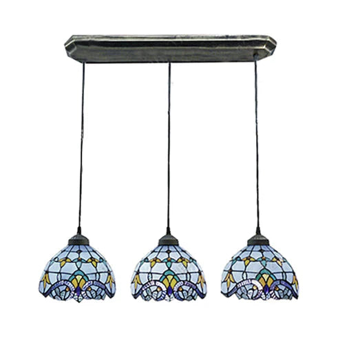 Victorian Dome Pendant Light Stained Glass 3 Heads Linear/Round Hanging In White/Blue For Dining