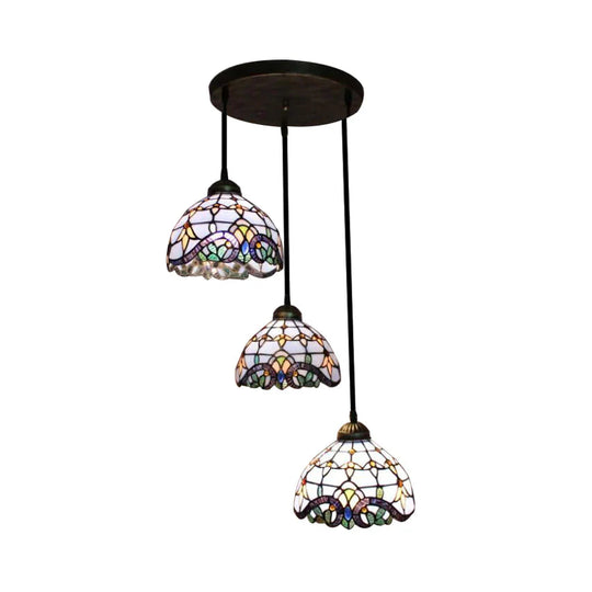 Victorian Dome Pendant Light Stained Glass 3 Heads Linear/Round Hanging In White/Blue For Dining