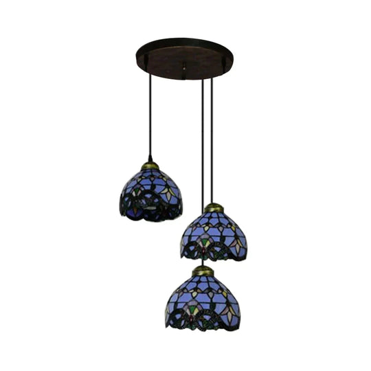 Victorian Dome Pendant Light Stained Glass 3 Heads Linear/Round Hanging In White/Blue For Dining