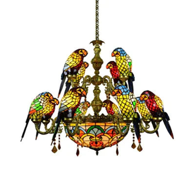 Rustic Stained Glass 12 Arms Parrot Suspension Light Chandelier Center Bowl In Yellow