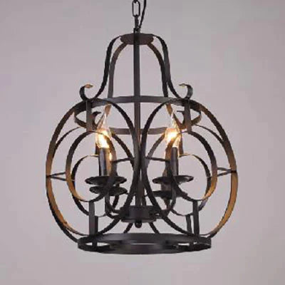Iron Lantern Cage Suspension Light Vintage Stylish 4 Bulbs Restaurant Chandelier Pendant In Black