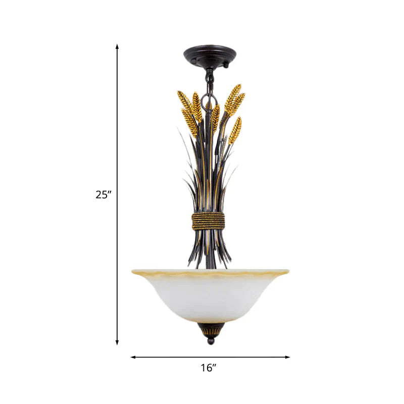 Bowl Shape Bedroom Chandelier Light Traditional Opal Glass 3 Bulbs Black - Gold Hanging Lamp With