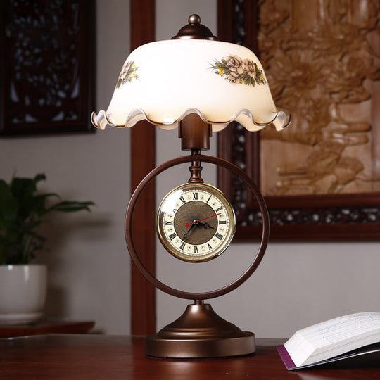 Nicole - Vintage Rust 1 Head Pleated Table Light Opaline Glass Dome Reading Book Lamp With Ring And