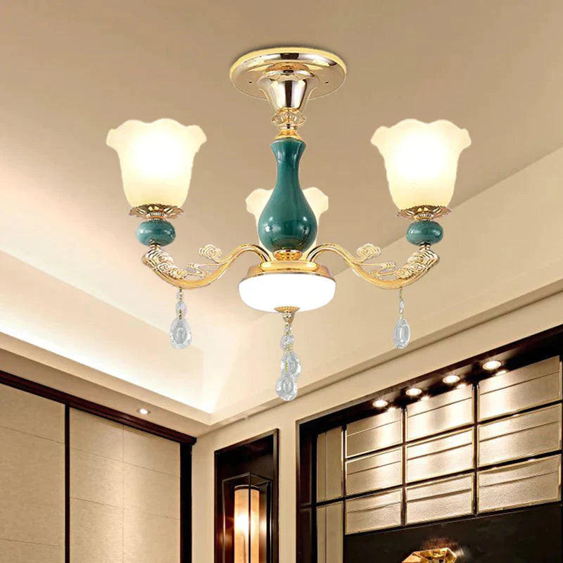 3/6 Bulbs Up Suspension Lamp Classic Flower Opal Glass Pendant Chandelier With Scrolled Arm In