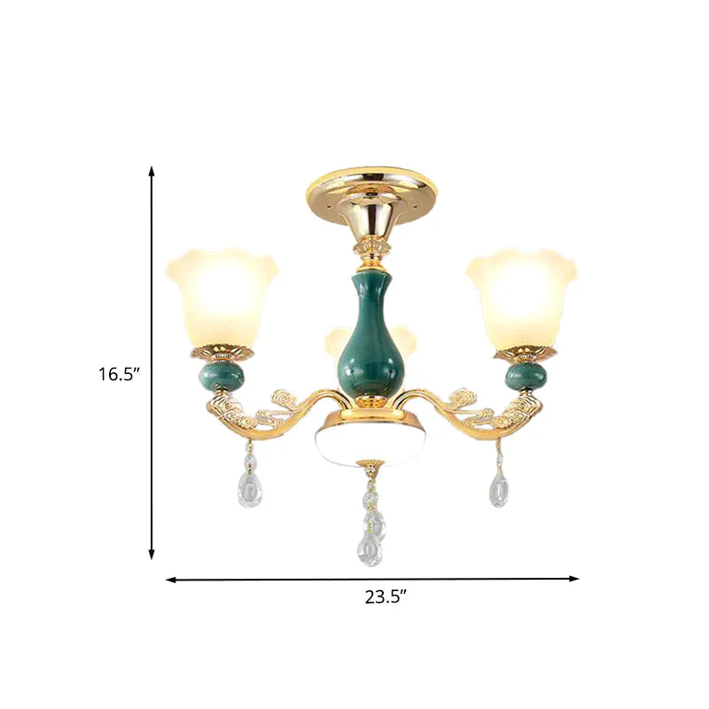 3/6 Bulbs Up Suspension Lamp Classic Flower Opal Glass Pendant Chandelier With Scrolled Arm In