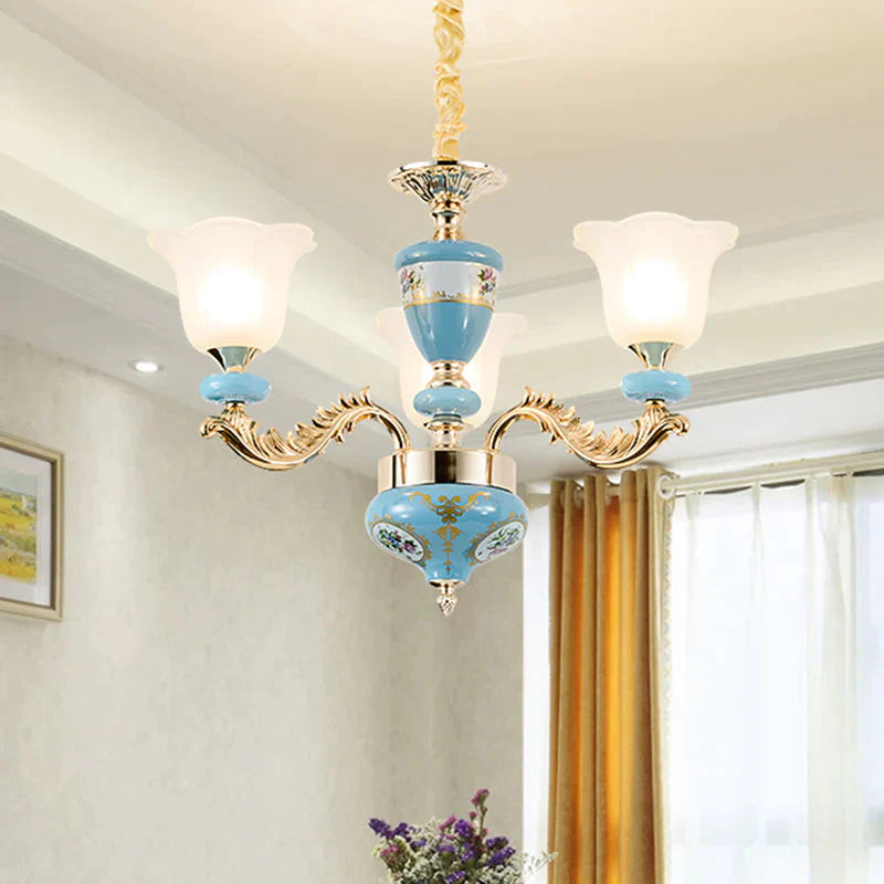 3/6 - Head Opaline Glass Ceiling Chandelier Vintage Blue Floral Shape Dining Room Pendant Light