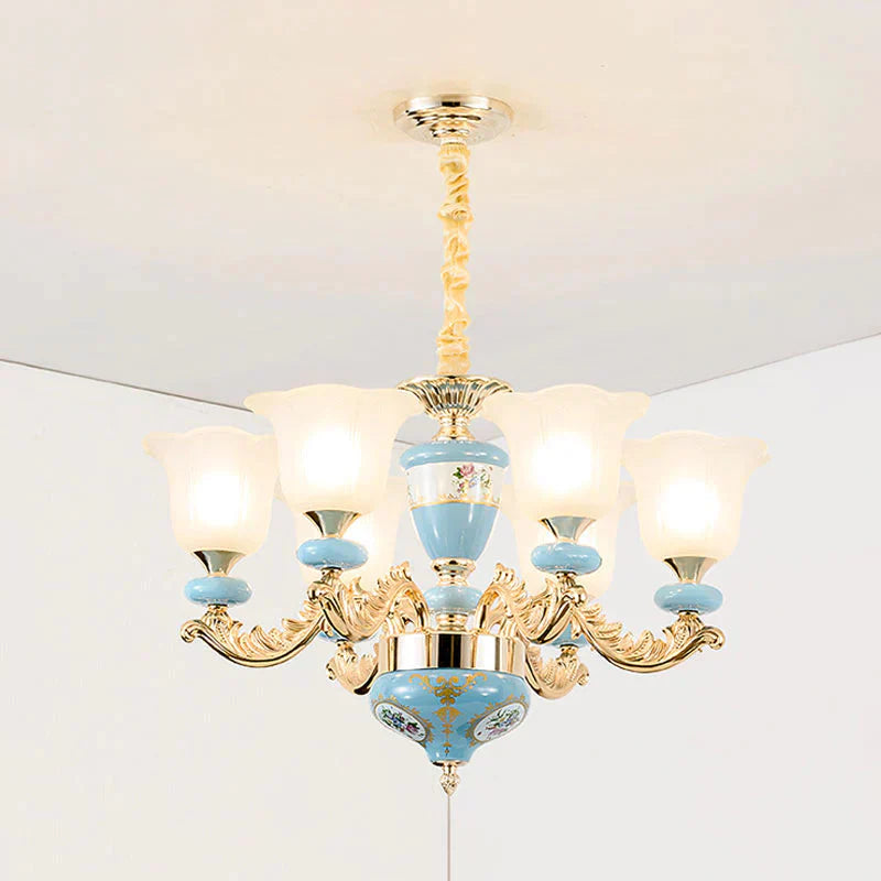 3/6 - Head Opaline Glass Ceiling Chandelier Vintage Blue Floral Shape Dining Room Pendant Light