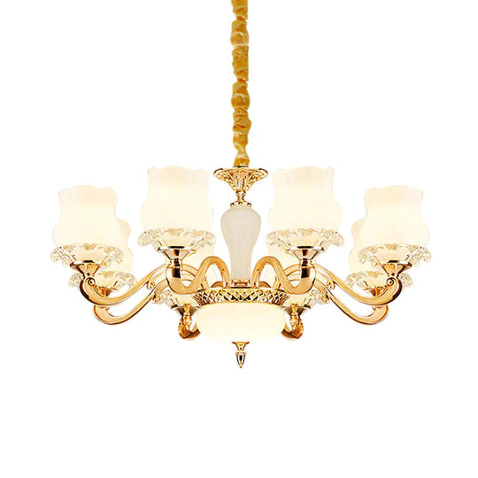 Vintage Flower Suspension Lamp 6/8 Lights Milky Glass Chandelier Lighting With Swooping Arm In Gold