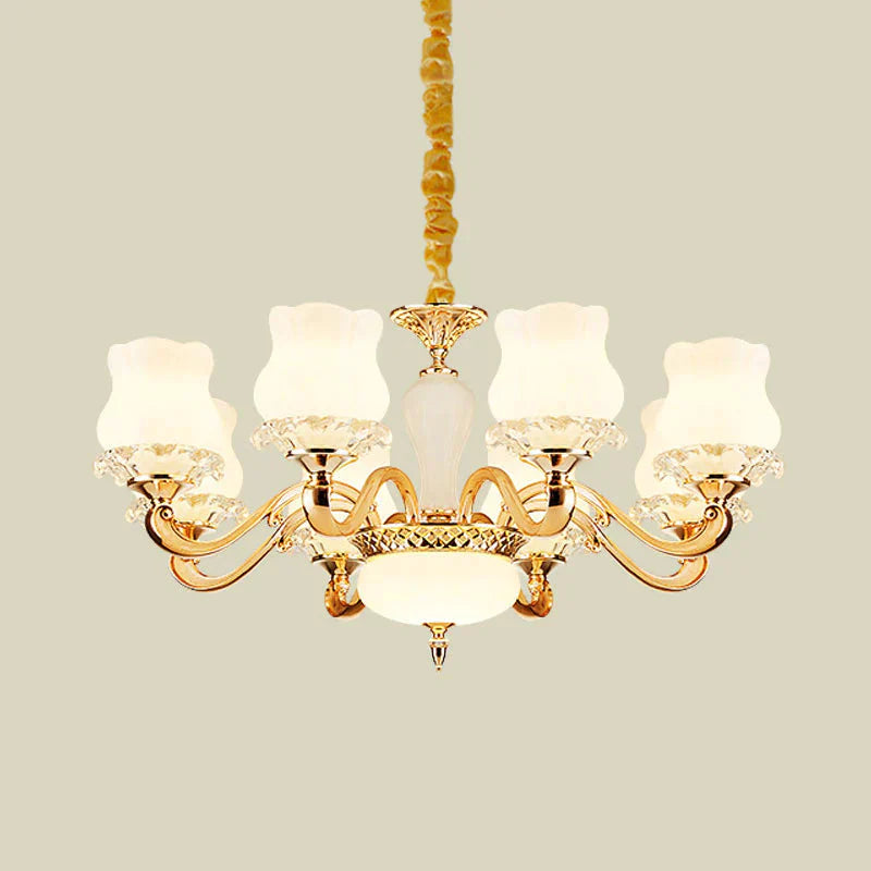 Vintage Flower Suspension Lamp 6/8 Lights Milky Glass Chandelier Lighting With Swooping Arm In Gold