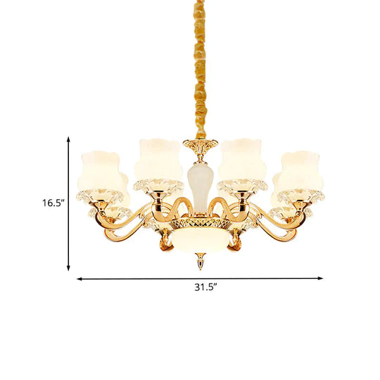 Vintage Flower Suspension Lamp 6/8 Lights Milky Glass Chandelier Lighting With Swooping Arm In Gold