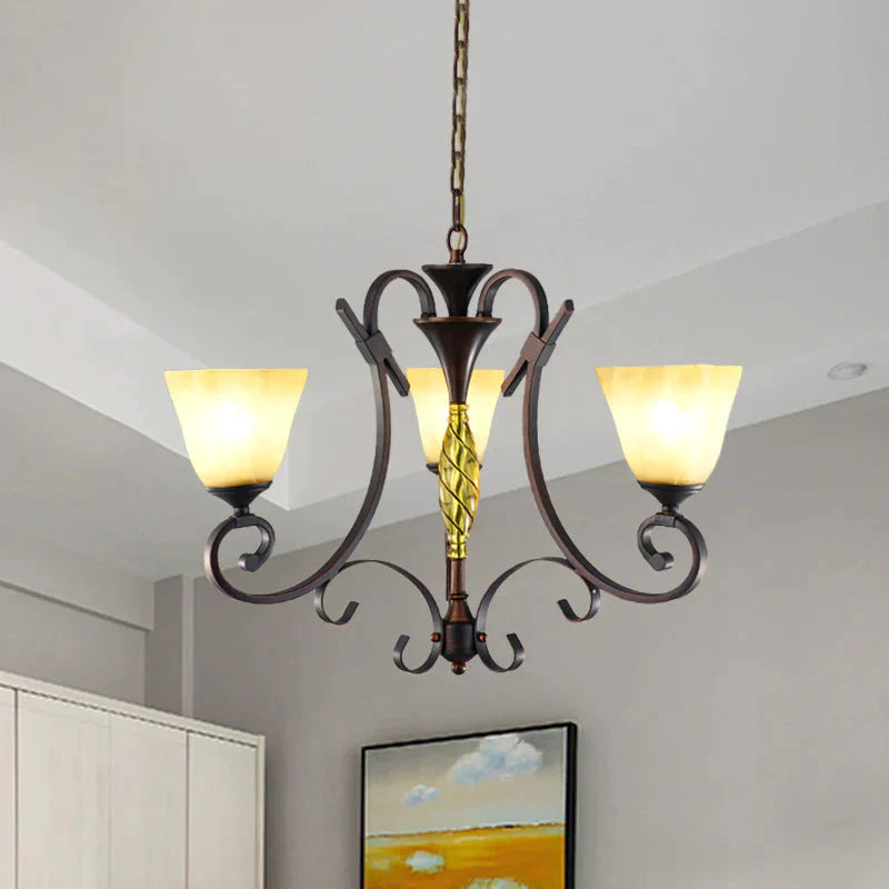 Opal Glass Bell Suspension Lighting Vintage 3 - Light Living Room Chandelier With Swirled Arm In