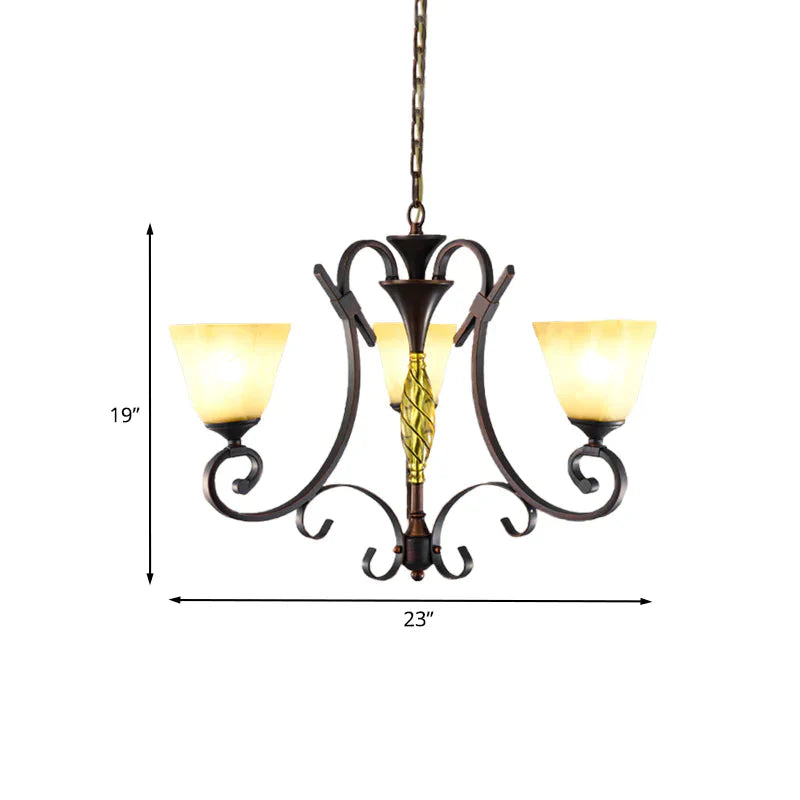 Opal Glass Bell Suspension Lighting Vintage 3 - Light Living Room Chandelier With Swirled Arm In
