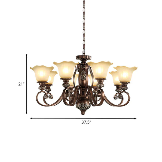 Countryside Bloom Pendant Chandelier 8 Bulbs Opaline Glass Hanging Lamp With Scrolled Arm In Bronze