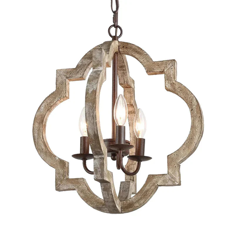 4 Lights Candle - Style Ceiling Chandelier Countryside Beige Wood Pendant Lamp With Globe Cage