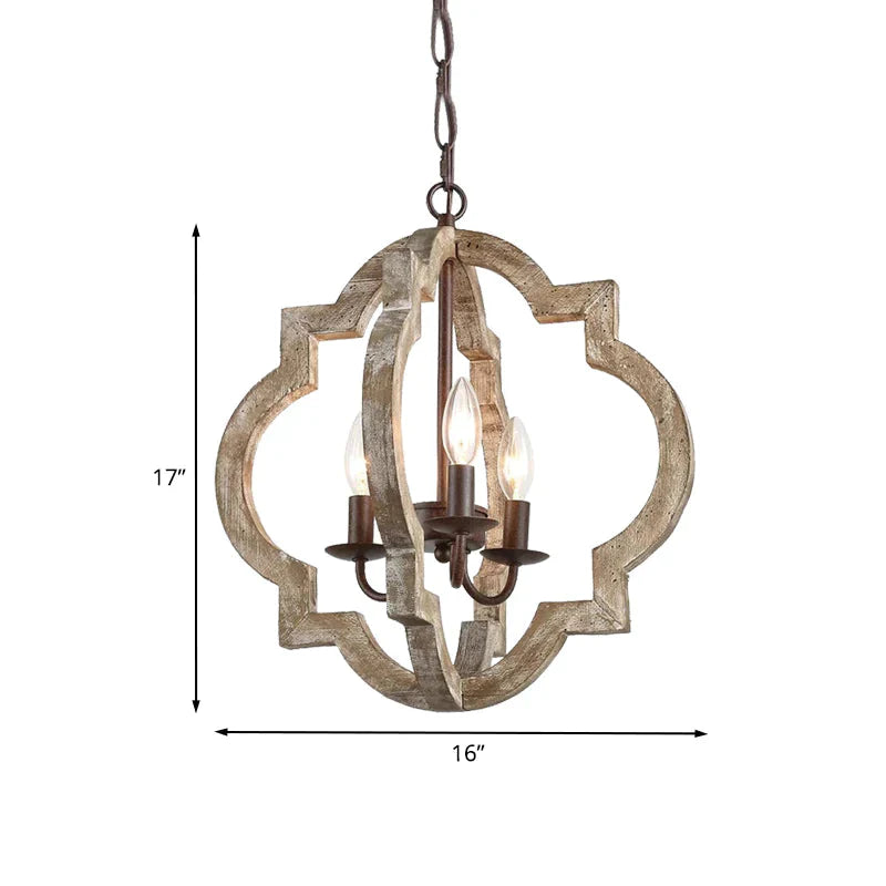 4 Lights Candle - Style Ceiling Chandelier Countryside Beige Wood Pendant Lamp With Globe Cage