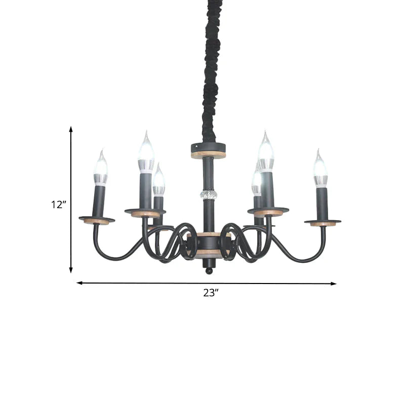 Vintage Candle Shape Pendant Chandelier 6 Heads Metallic Swooping Arm Suspension Lighting In Black