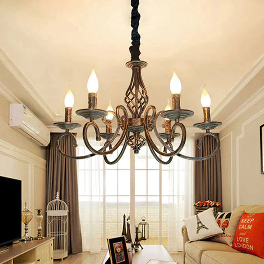 Bronze 6 Lights Pendant Lamp Classic Metal Candelabra Hanging Chandelier For Dining Room