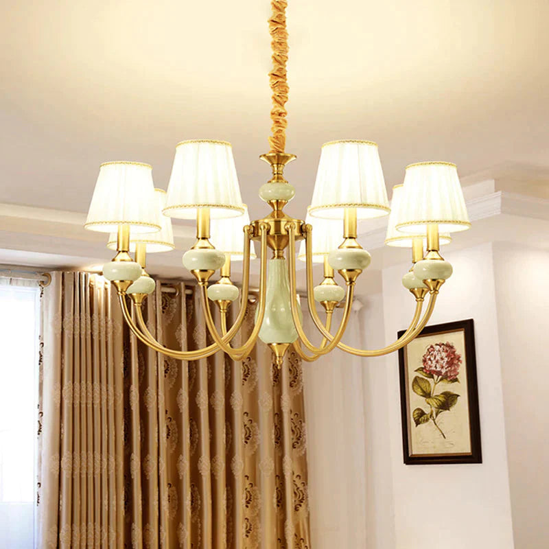 Gold Tapered Pleated Pendant Chandelier Traditional Fabric 8 - Light Dining Room Hanging Ceiling