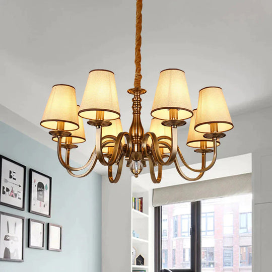 Vintage Cone Suspension Light 6/8 Bulbs Fabric Hanging Chandelier With Curving Arm In Brass For