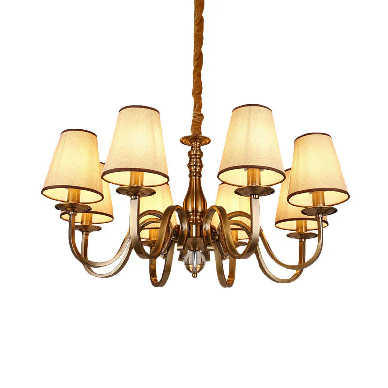 Vintage Cone Suspension Light 6/8 Bulbs Fabric Hanging Chandelier With Curving Arm In Brass For