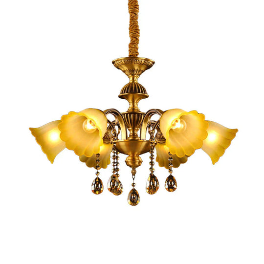 Floral Shade Hanging Chandelier European 6 Bulbs Glass Pendant Light In Brass