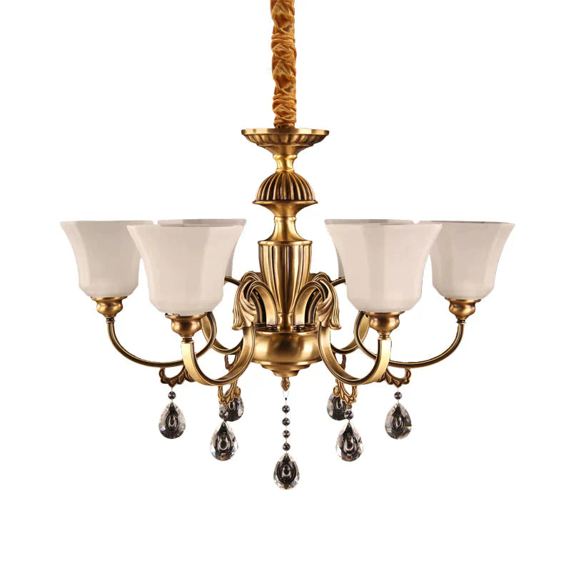 6 - Bulb Chandelier With Bell Shade Frosted Glass Classic Hallway Ceiling Suspension Lamp In Brass