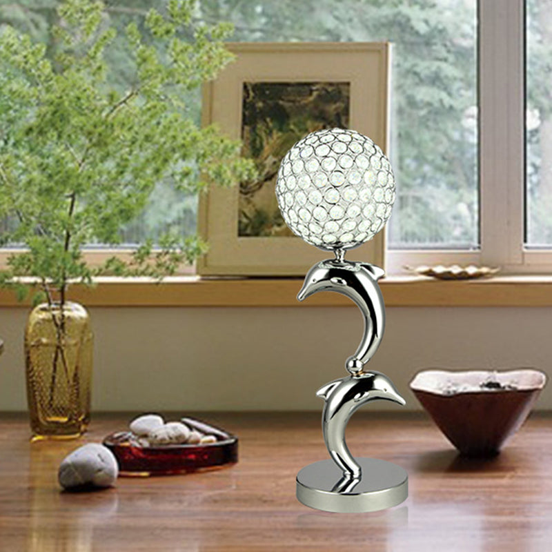 Isabella - Elegant Crystal Chrome Table Light Dolphin And Globe Led Simple Nightstand Lamp For