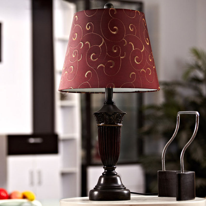 Azaleh - Swirl 1 Head Patterned Fabric Night Lamp Rural Burgundy Tapered Living Room Table Stand