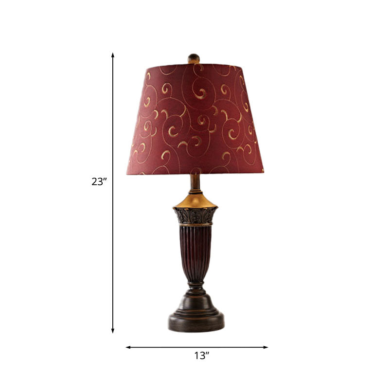 Azaleh - Swirl 1 Head Patterned Fabric Night Lamp Rural Burgundy Tapered Living Room Table Stand