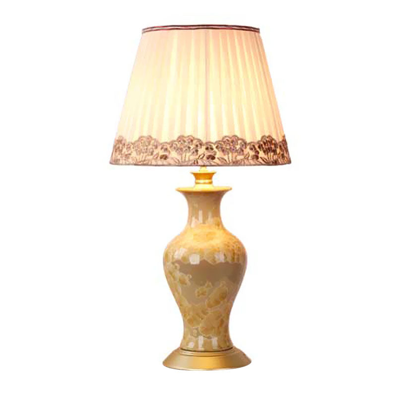 Eva - Beige Urn Night Light Rustic Ceramic 1 Head Living Room Table Lighting With Pleated Fabric