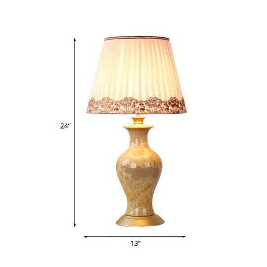 Eva - Beige Urn Night Light Rustic Ceramic 1 Head Living Room Table Lighting With Pleated Fabric