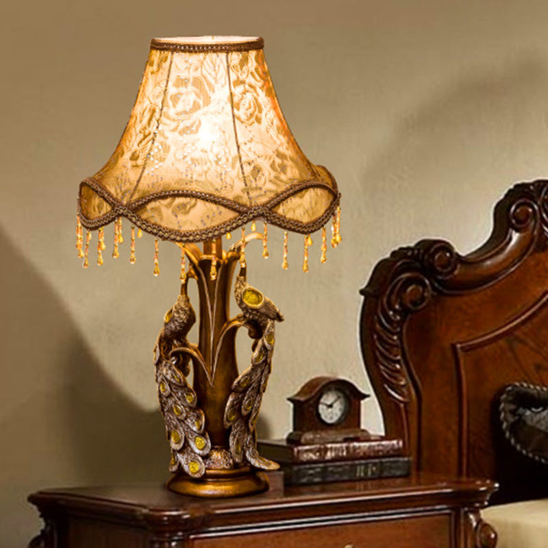 Noemi - Rose Print Fabric Table Lamp With Peacock Decoration In Gold